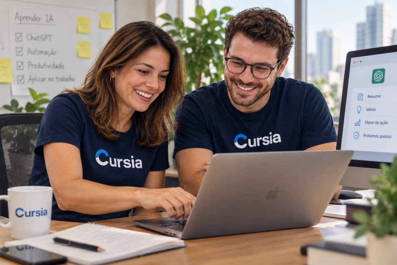 Duas pessoas com camisetas da Cursia aprendendo IA juntas em um notebook.