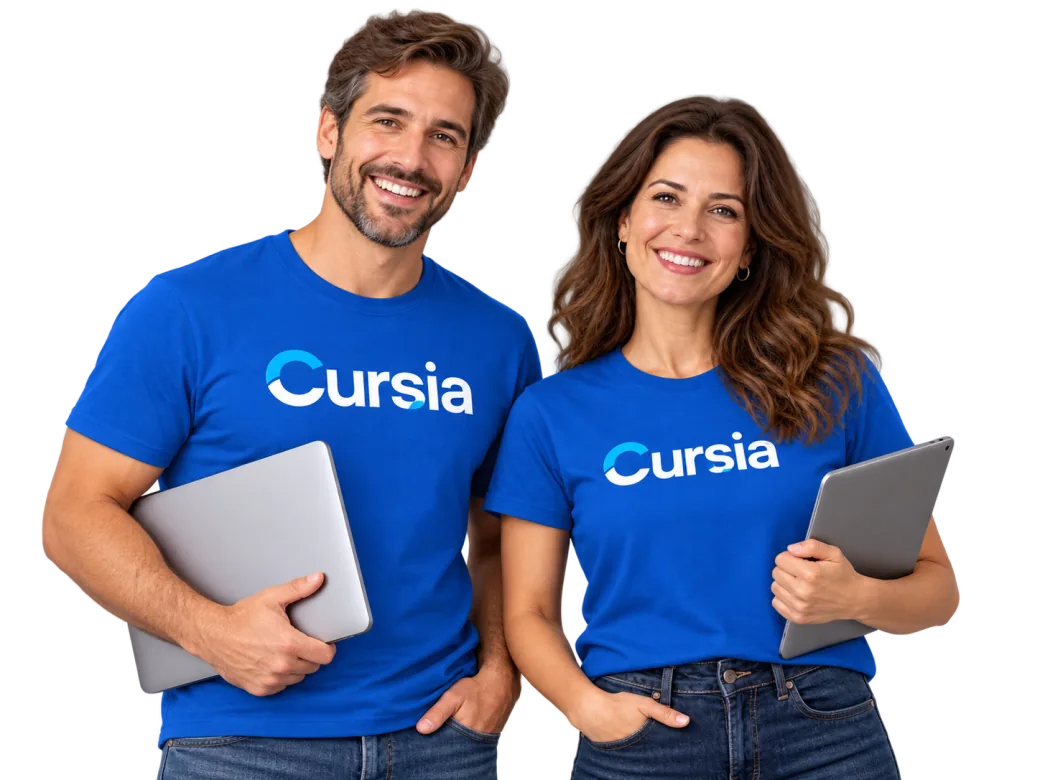 Duas pessoas sorrindo com camisetas da Cursia, segurando um notebook e um tablet.